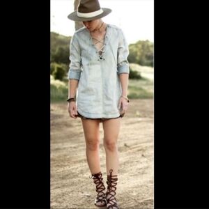 Free People Indigo Blue Sky Lace-Up Light Wash Heavy Weight Denim Tunic Medium